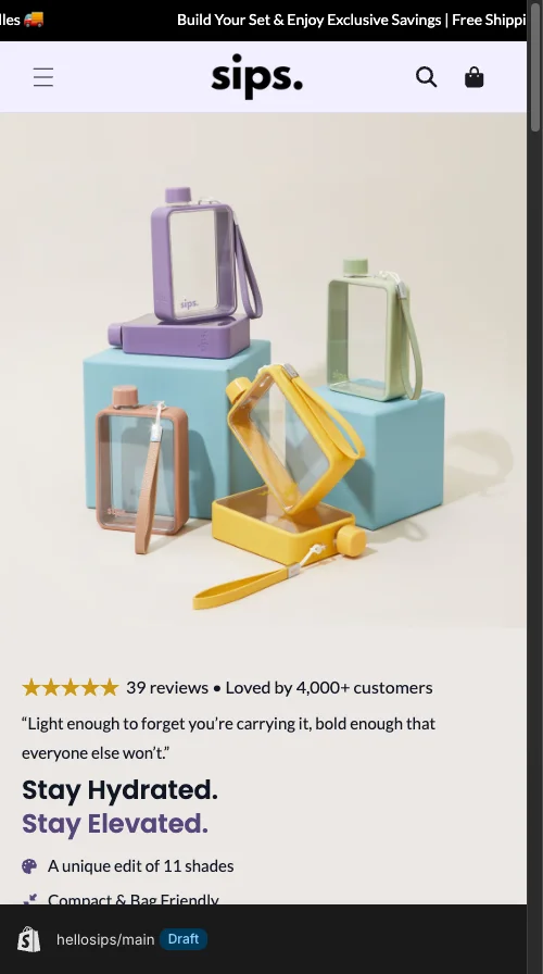 HelloSips Shopify water bottle DTC mobile homepage demonstrating mobile-first PDP and cart UX where Shop Pay 1-tap checkout pays back the most