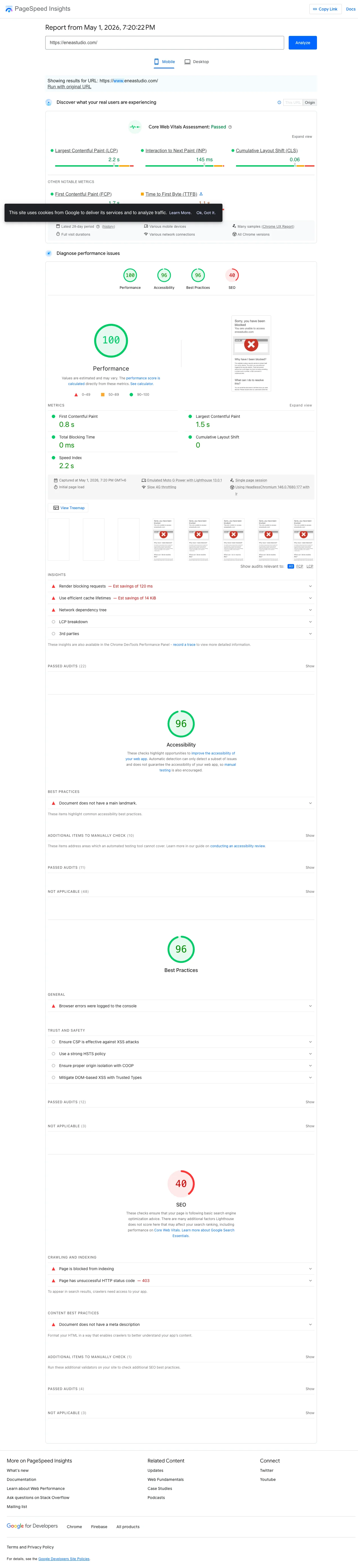 PageSpeed Insights mobile report showing Core Web Vitals real-user data for a Shopify store, the source of truth for whether a checkout cliff is performance driven