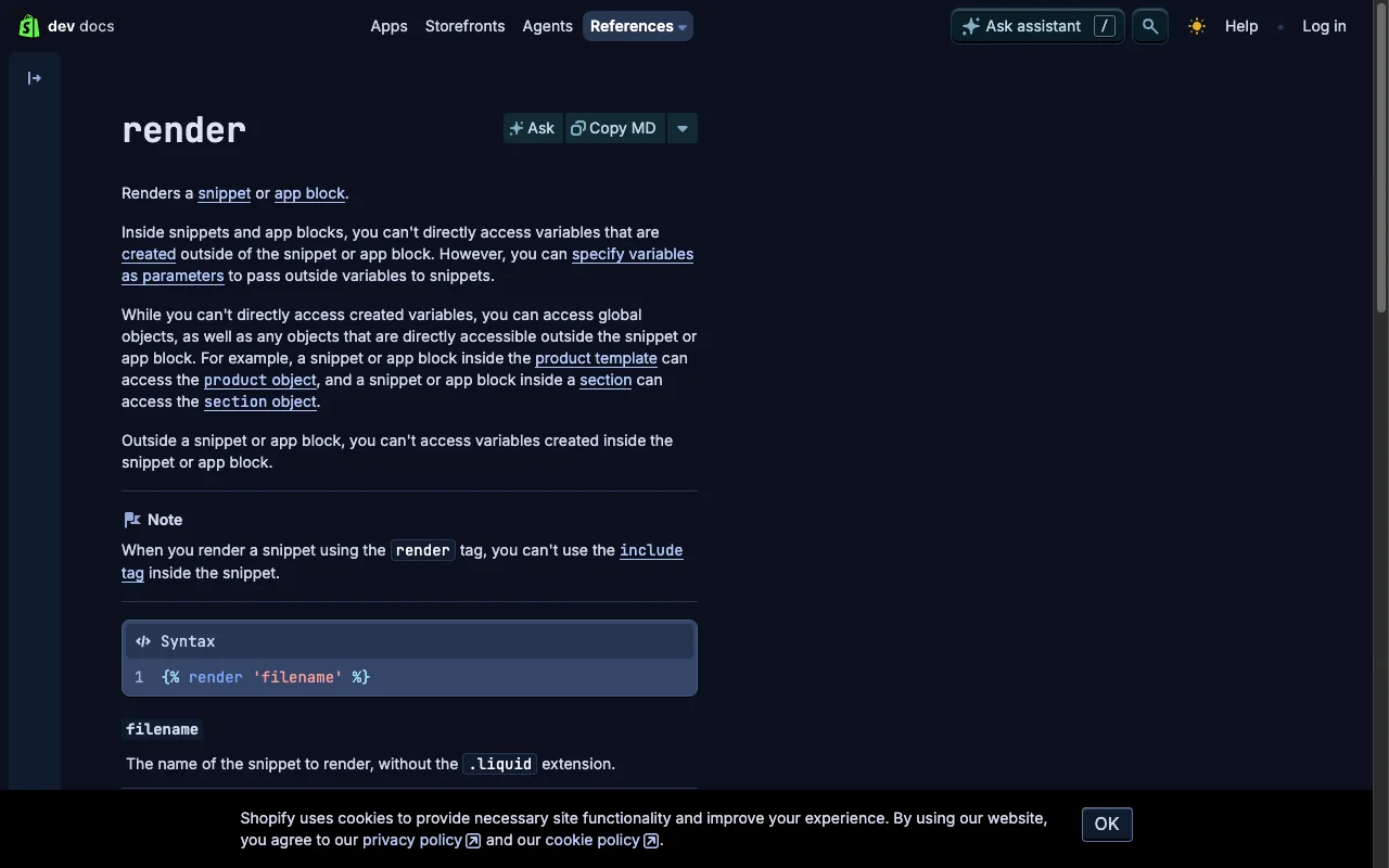 Shopify dev docs reference page for the Liquid render tag, the underlying inclusion mechanism that scopes script tag execution inside Custom Liquid sections