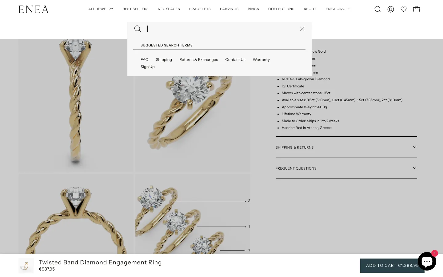 Shopify dynamic metal swap Liquid renders 18k Solid Yellow Gold in the product description on a lab-grown diamond engagement ring